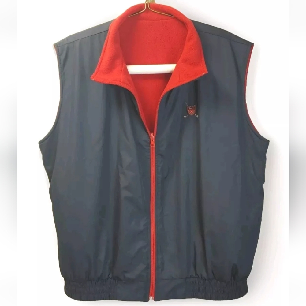 Polo Golf Ralph Lauren Reversible Vest Jacket Men XXL 2X Nylon Navy Red Fleece